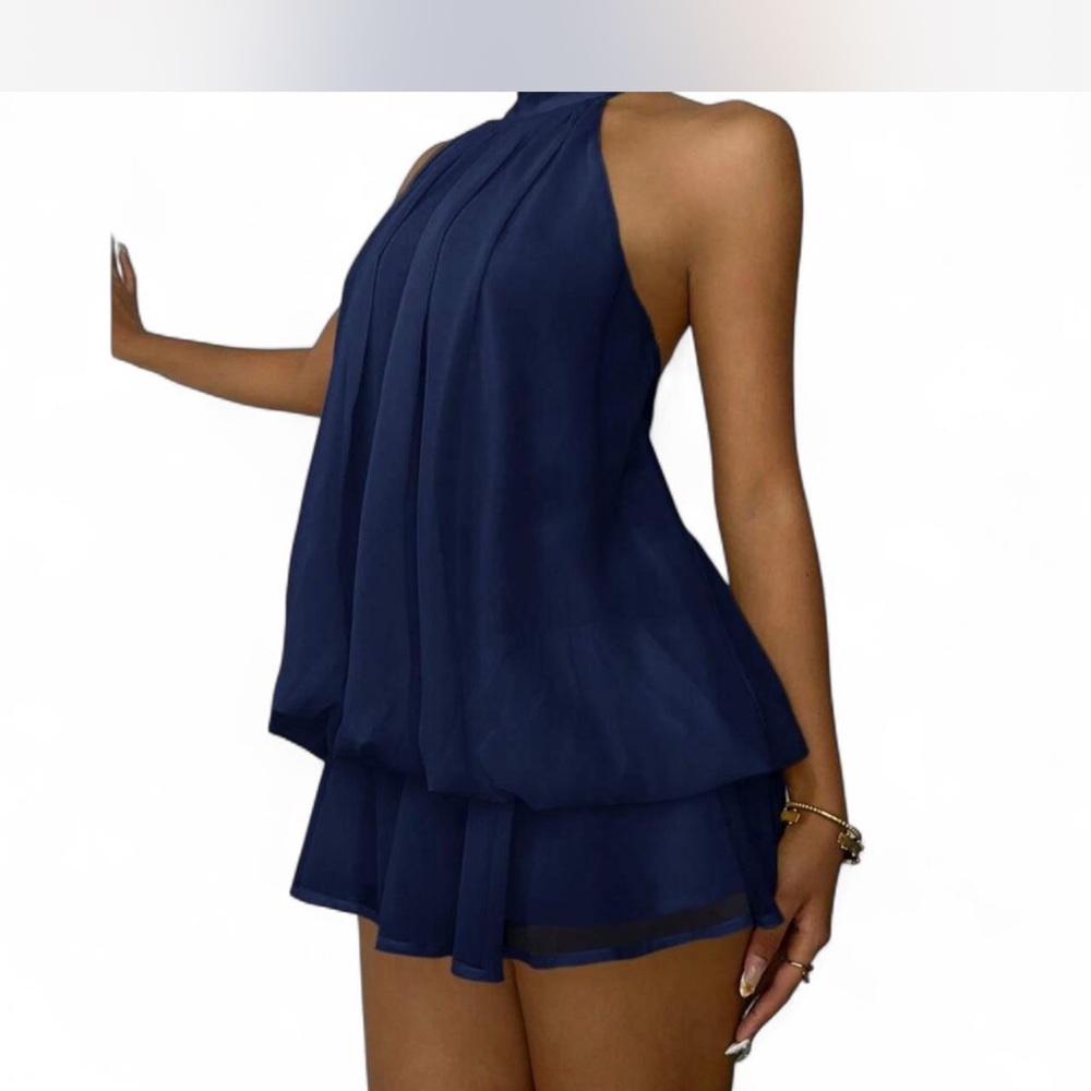 Navy Blue Halter Layered Chiffon Romper/Dress